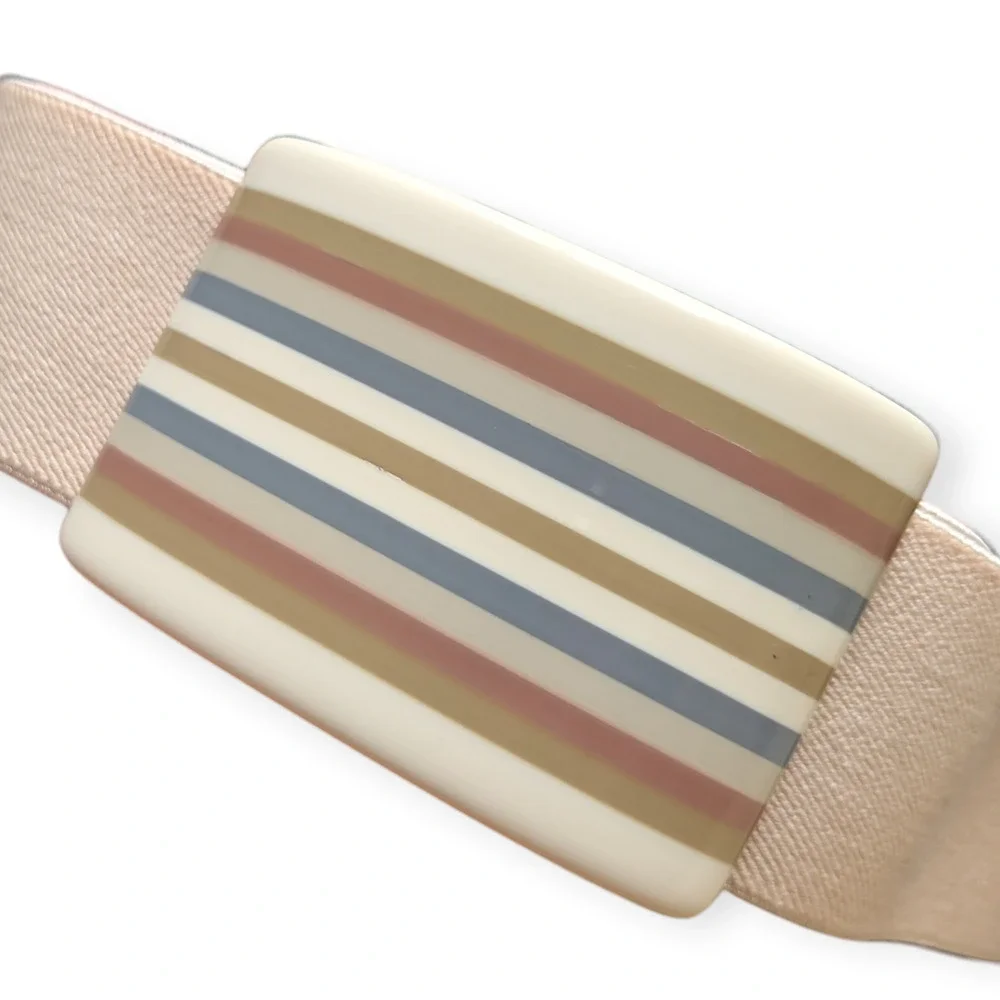 70s 80s Tan Stripe Belt ~ beige cream blue-gray rectangular buckle